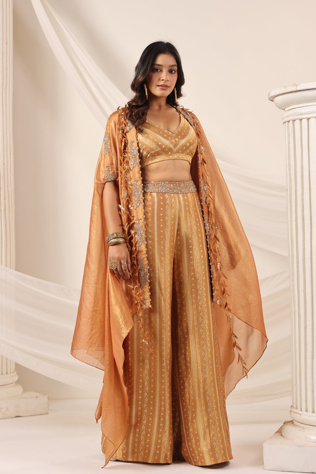 Rustic Orange Banarasi Silk Indo Western Crop Top And Pant With Embellish Cape & Belt