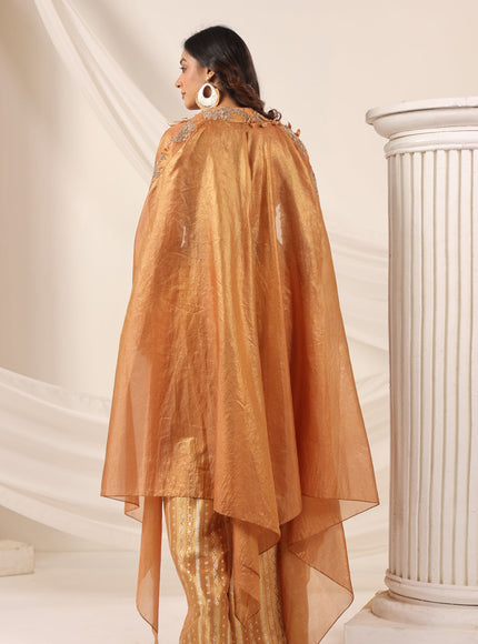 Rustic Orange Banarasi Silk Indo Western Crop Top And Pant With Embellish Cape & Belt