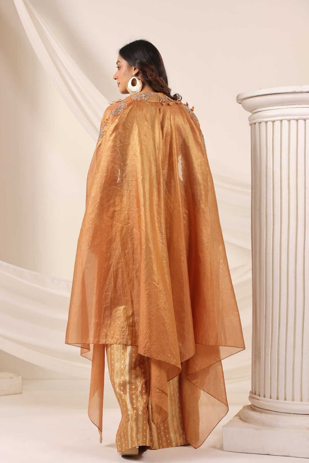 Rustic Orange Banarasi Silk Indo Western Crop Top And Pant With Embellish Cape & Belt