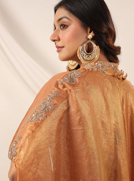 Rustic Orange Banarasi Silk Indo Western Crop Top And Pant With Embellish Cape & Belt