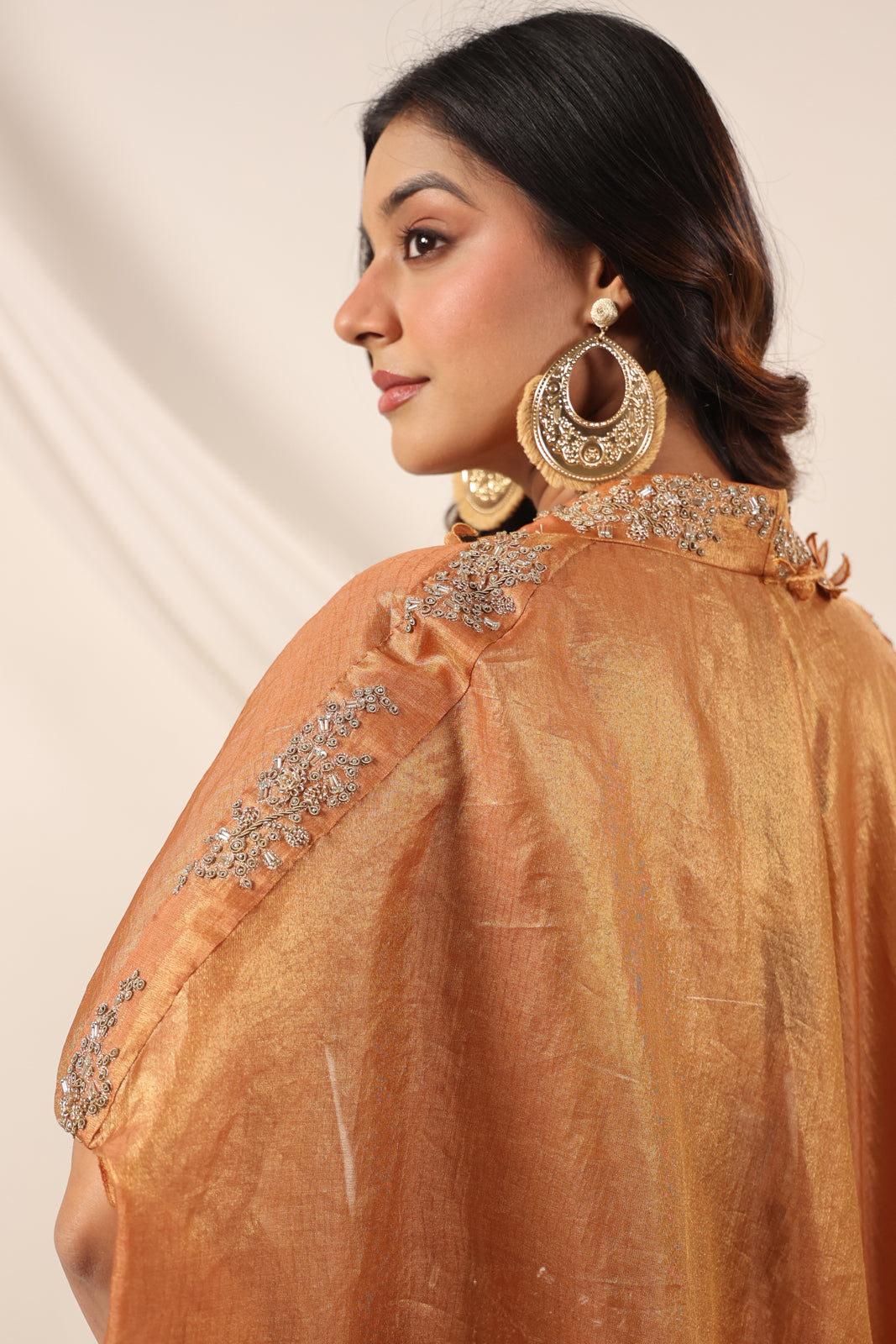 Rustic Orange Banarasi Silk Indo Western Crop Top And Pant With Embellish Cape & Belt