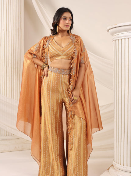 Rustic Orange Banarasi Silk Indo Western Crop Top And Pant With Embellish Cape & Belt