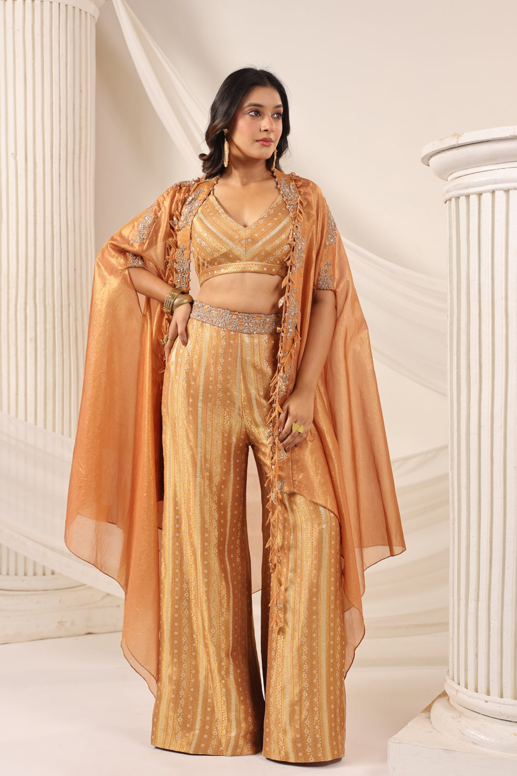 Rustic Orange Banarasi Silk Indo Western Crop Top And Pant With Embellish Cape & Belt