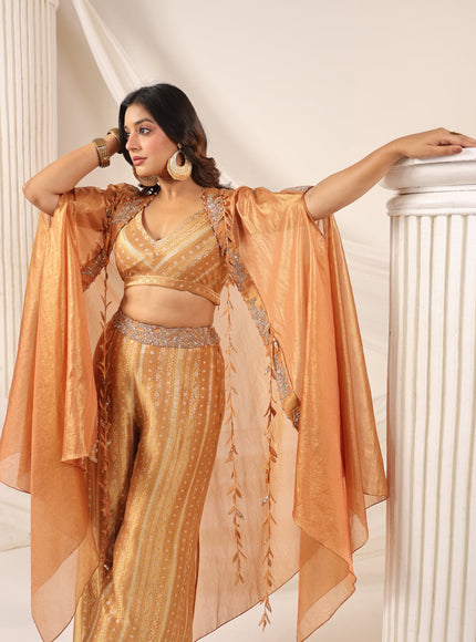 Rustic Orange Banarasi Silk Indo Western Crop Top And Pant With Embellish Cape & Belt