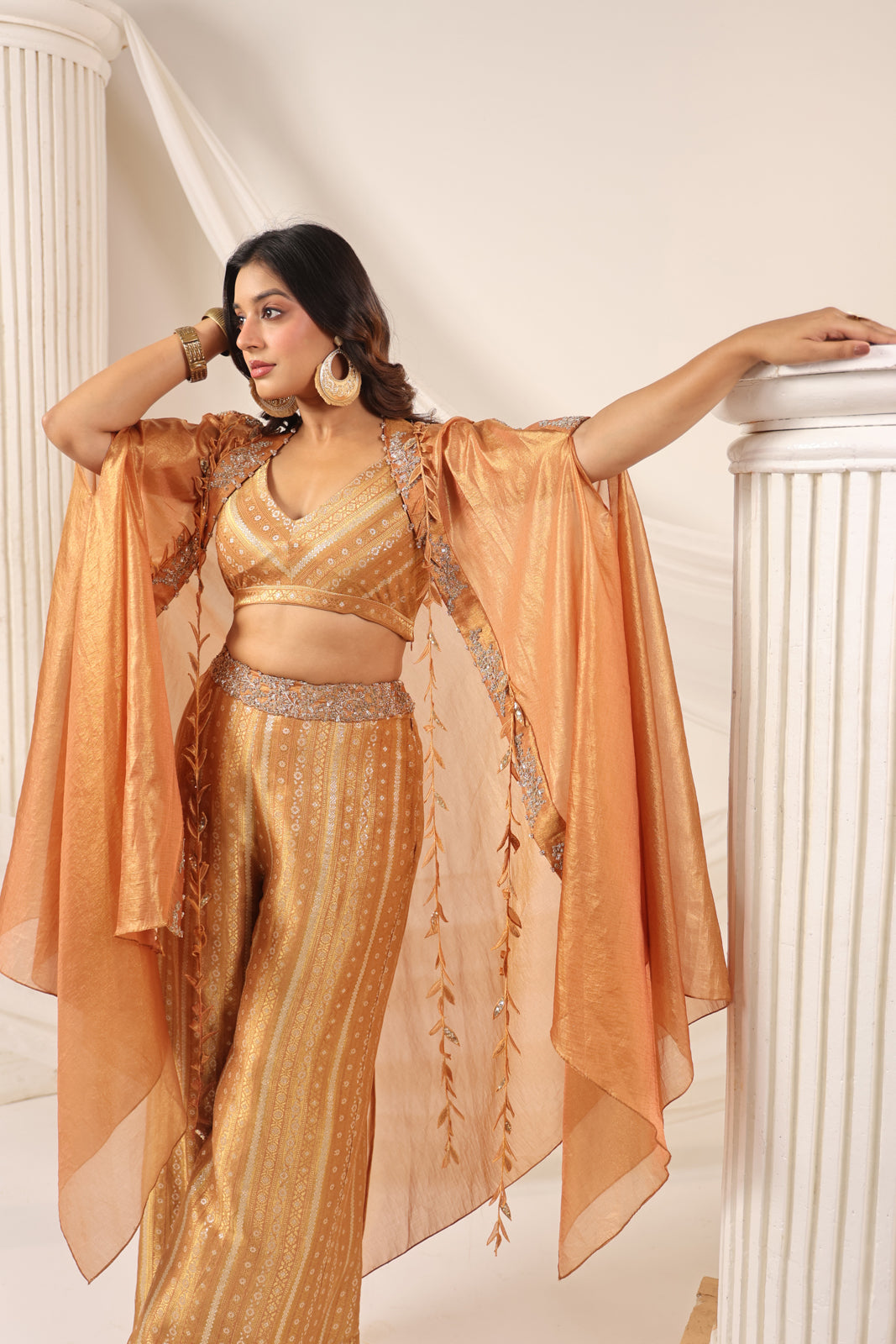 Rustic Orange Banarasi Silk Indo Western Crop Top And Pant With Embellish Cape & Belt