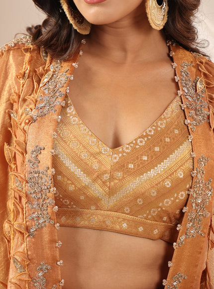 Rustic Orange Banarasi Silk Indo Western Crop Top And Pant With Embellish Cape & Belt