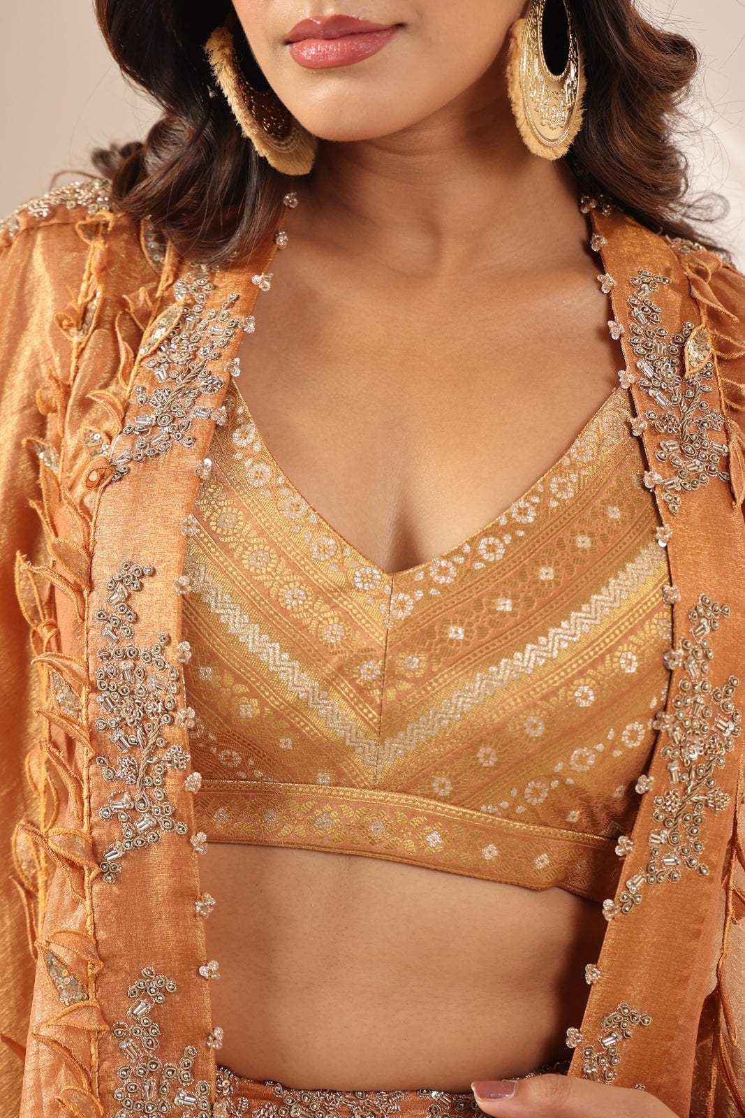 Rustic Orange Banarasi Silk Indo Western Crop Top And Pant With Embellish Cape & Belt