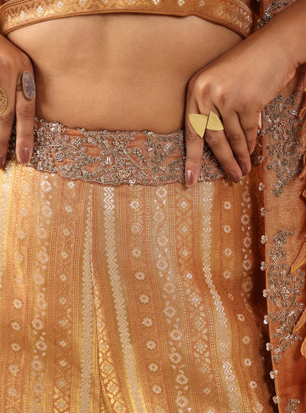 Rustic Orange Banarasi Silk Indo Western Crop Top And Pant With Embellish Cape & Belt