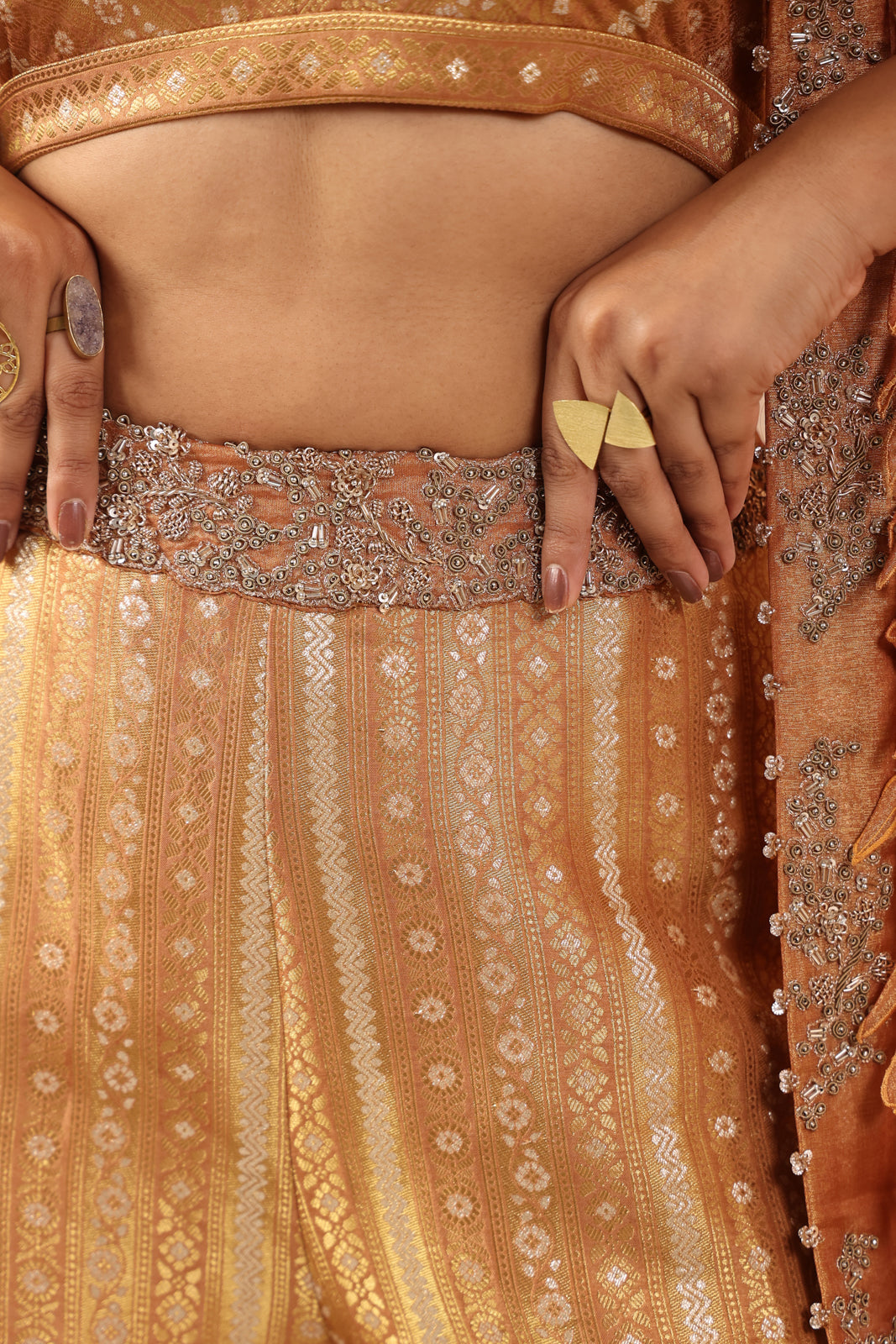 Rustic Orange Banarasi Silk Indo Western Crop Top And Pant With Embellish Cape & Belt