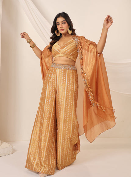 Rustic Orange Banarasi Silk Indo Western Crop Top And Pant With Embellish Cape & Belt