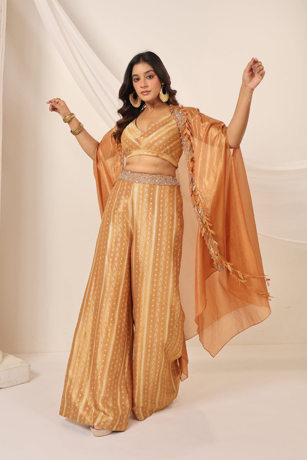 Rustic Orange Banarasi Silk Indo Western Crop Top And Pant With Embellish Cape & Belt