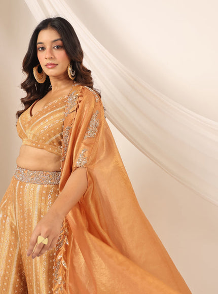 Rustic Orange Banarasi Silk Indo Western Crop Top And Pant With Embellish Cape & Belt