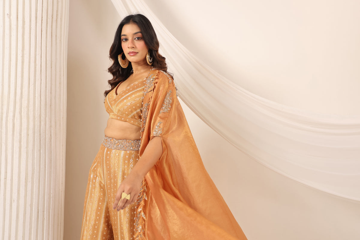 Rustic Orange Banarasi Silk Indo Western Crop Top And Pant With Embellish Cape & Belt
