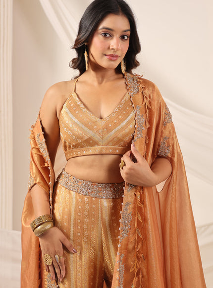 Rustic Orange Banarasi Silk Indo Western Crop Top And Pant With Embellish Cape & Belt