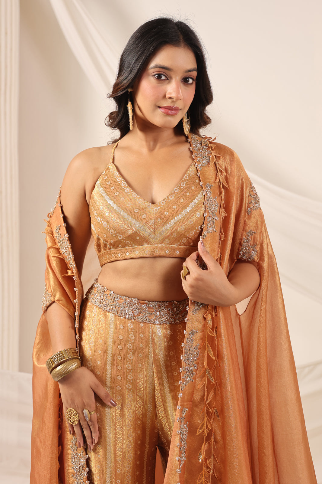 Rustic Orange Banarasi Silk Indo Western Crop Top And Pant With Embellish Cape & Belt