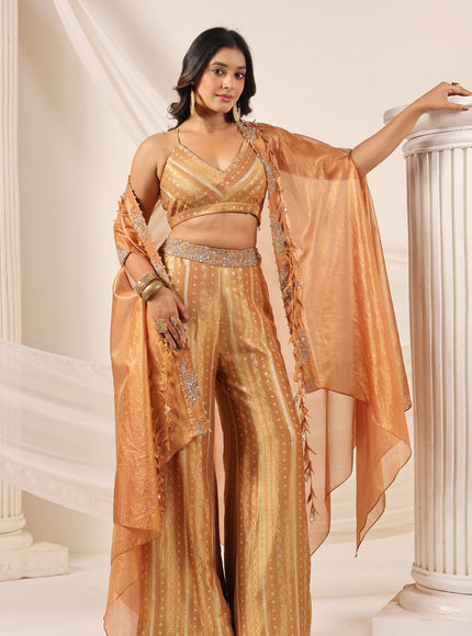 Rustic Orange Banarasi Silk Indo Western Crop Top And Pant With Embellish Cape & Belt