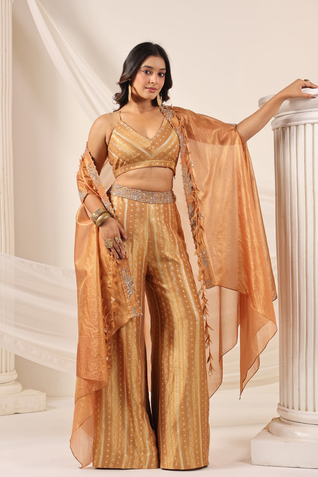 Rustic Orange Banarasi Silk Indo Western Crop Top And Pant With Embellish Cape & Belt