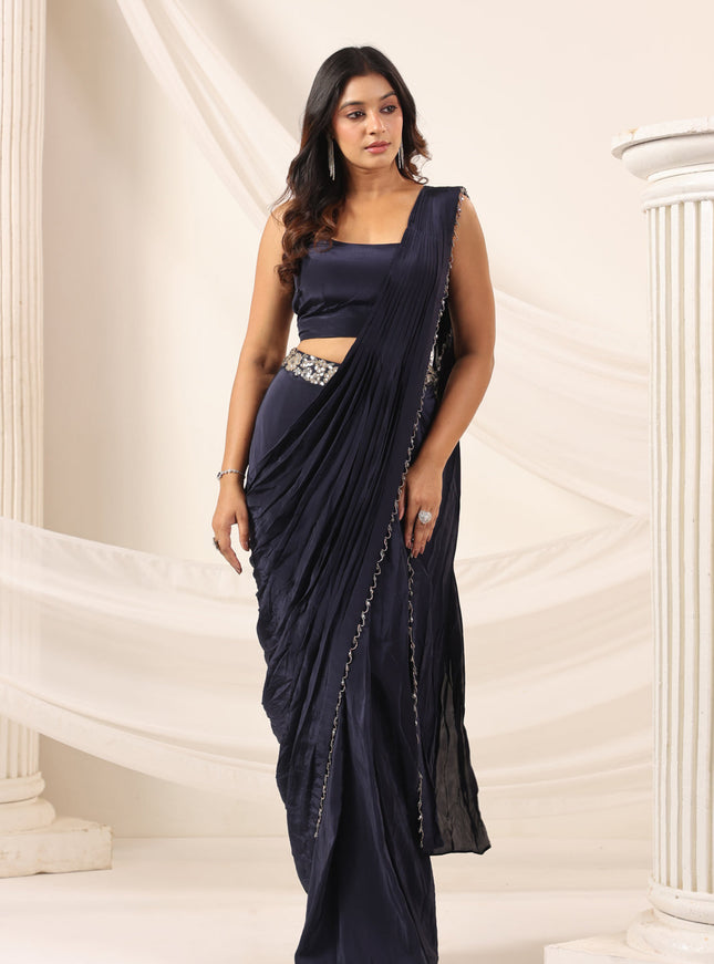 Navy Blue Crepe Pre-Draped Saree With Croptop And Heavy Sequined Net Jacket