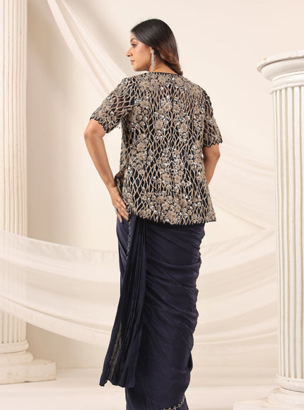 Navy Blue Crepe Pre-Draped Saree With Croptop And Heavy Sequined Net Jacket