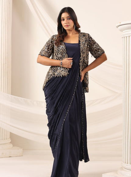 Navy Blue Crepe Pre-Draped Saree With Croptop And Heavy Sequined Net Jacket
