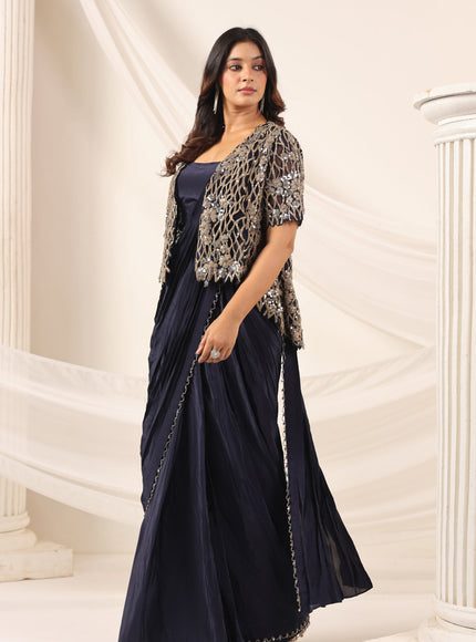 Navy Blue Crepe Pre-Draped Saree With Croptop And Heavy Sequined Net Jacket