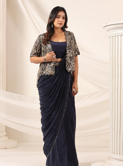 Navy Blue Crepe Pre-Draped Saree With Croptop And Heavy Sequined Net Jacket