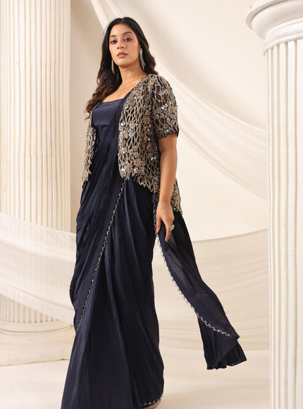 Navy Blue Crepe Pre-Draped Saree With Croptop And Heavy Sequined Net Jacket