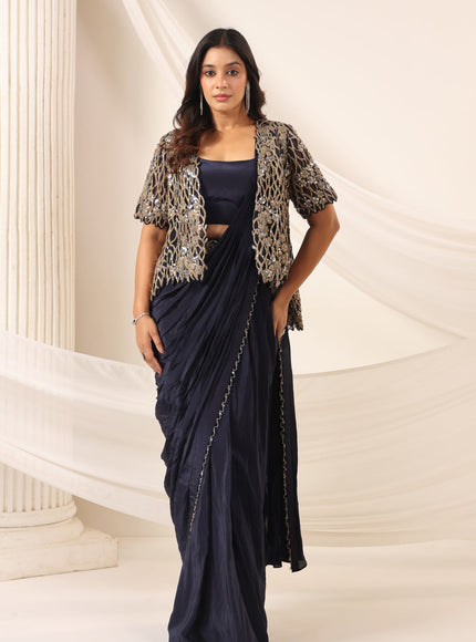 Navy Blue Crepe Pre-Draped Saree With Croptop And Heavy Sequined Net Jacket