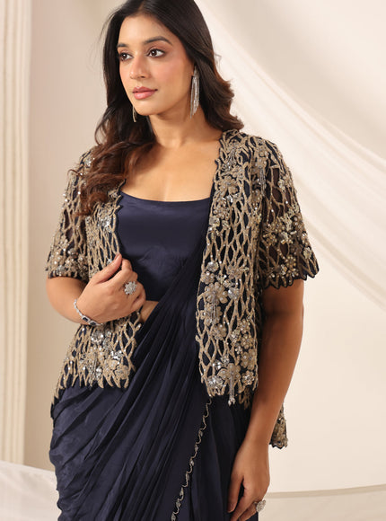 Navy Blue Crepe Pre-Draped Saree With Croptop And Heavy Sequined Net Jacket