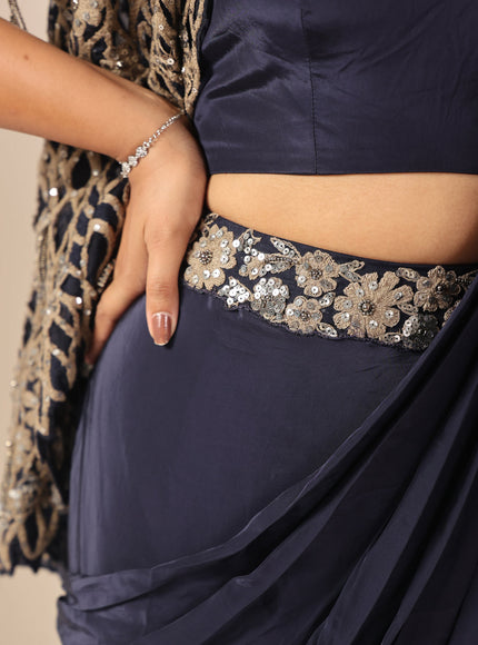 Navy Blue Crepe Pre-Draped Saree With Croptop And Heavy Sequined Net Jacket