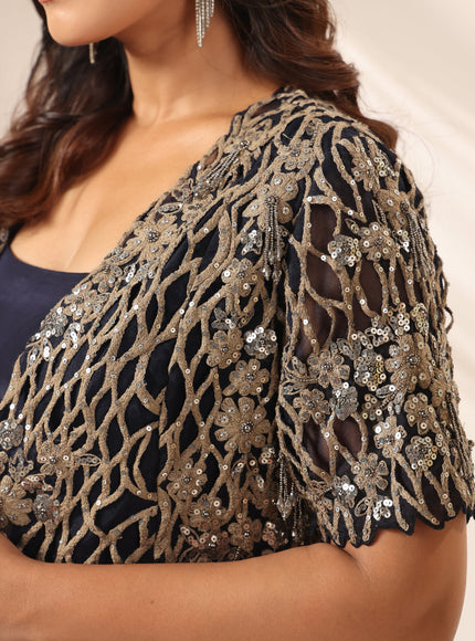 Navy Blue Crepe Pre-Draped Saree With Croptop And Heavy Sequined Net Jacket