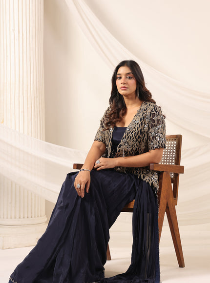 Navy Blue Crepe Pre-Draped Saree With Croptop And Heavy Sequined Net Jacket