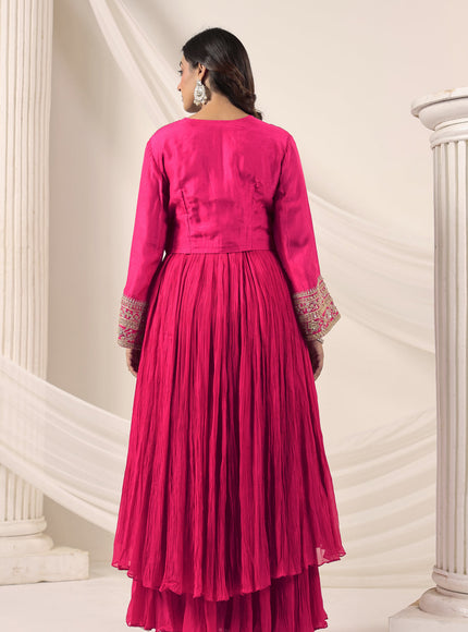 Hot Pink Crush Georgette Anarkali Top With Embroidery Jacket & Sharara Pant