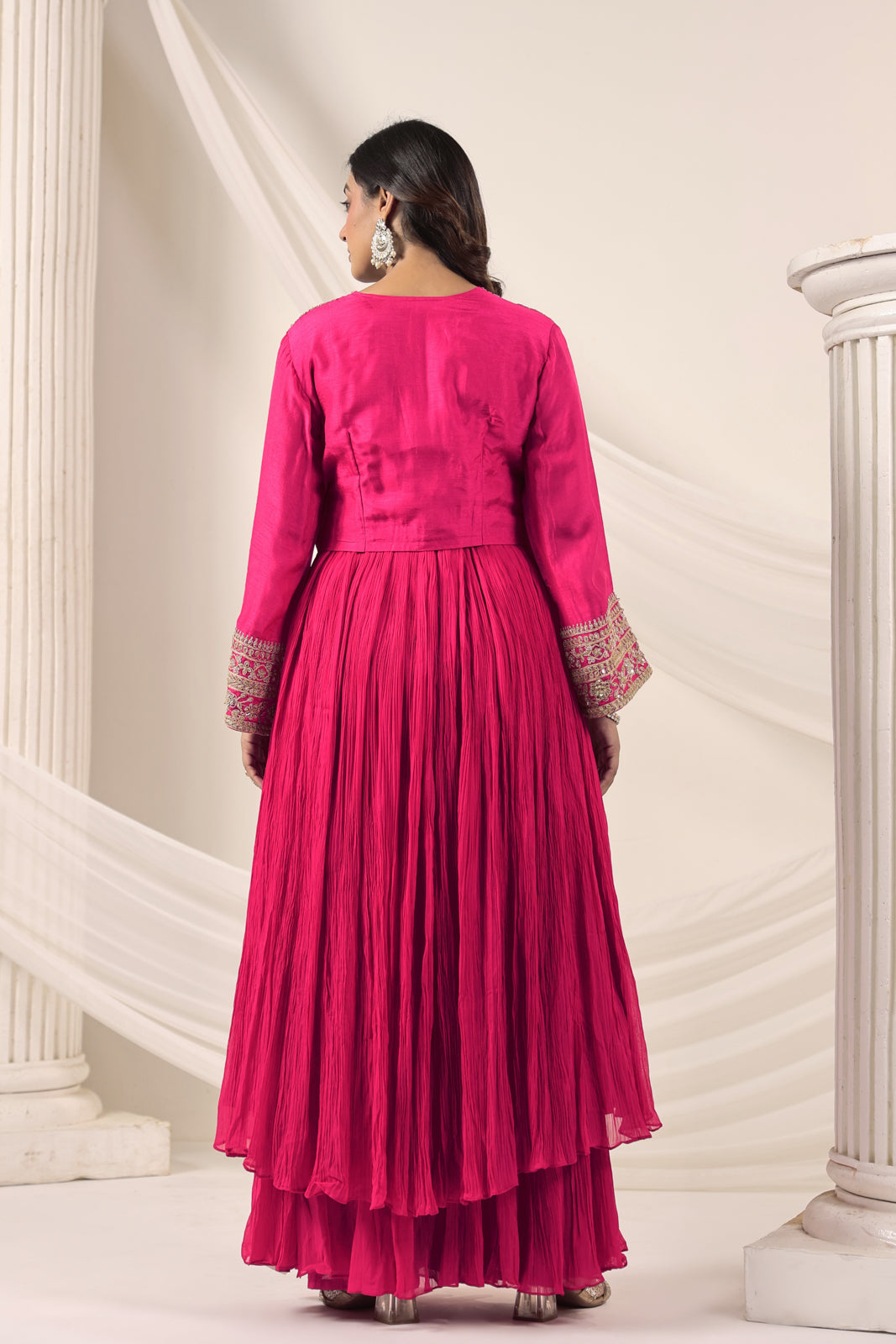 Hot Pink Crush Georgette Anarkali Top With Embroidery Jacket & Sharara Pant