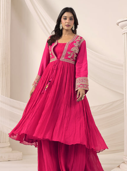 Hot Pink Crush Georgette Anarkali Top With Embroidery Jacket & Sharara Pant