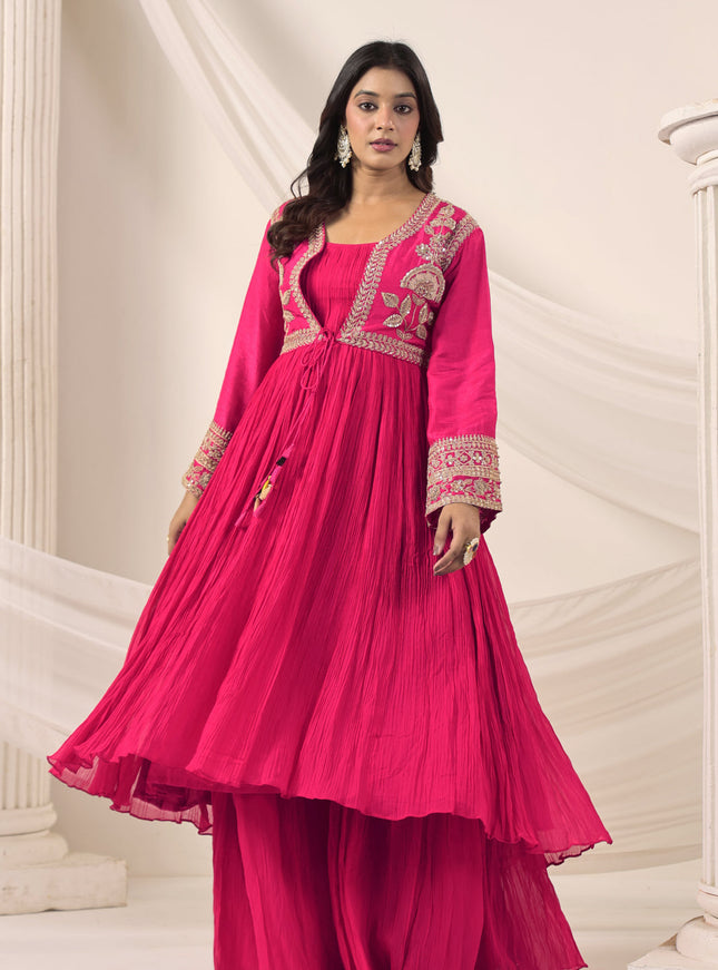 Hot Pink Crush Georgette Anarkali Top With Embroidery Jacket & Sharara Pant