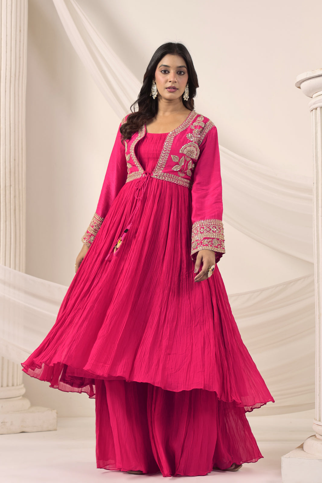 Hot Pink Crush Georgette Anarkali Top With Embroidery Jacket & Sharara Pant