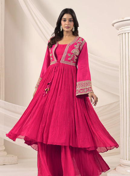 Hot Pink Crush Georgette Anarkali Top With Embroidery Jacket & Sharara Pant