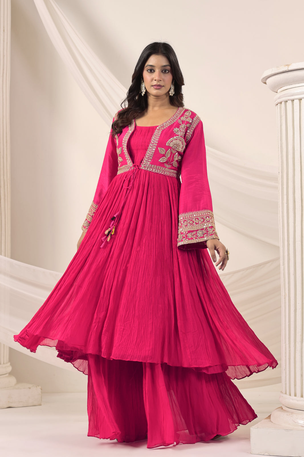 Hot Pink Crush Georgette Anarkali Top With Embroidery Jacket & Sharara Pant