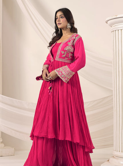 Hot Pink Crush Georgette Anarkali Top With Embroidery Jacket & Sharara Pant