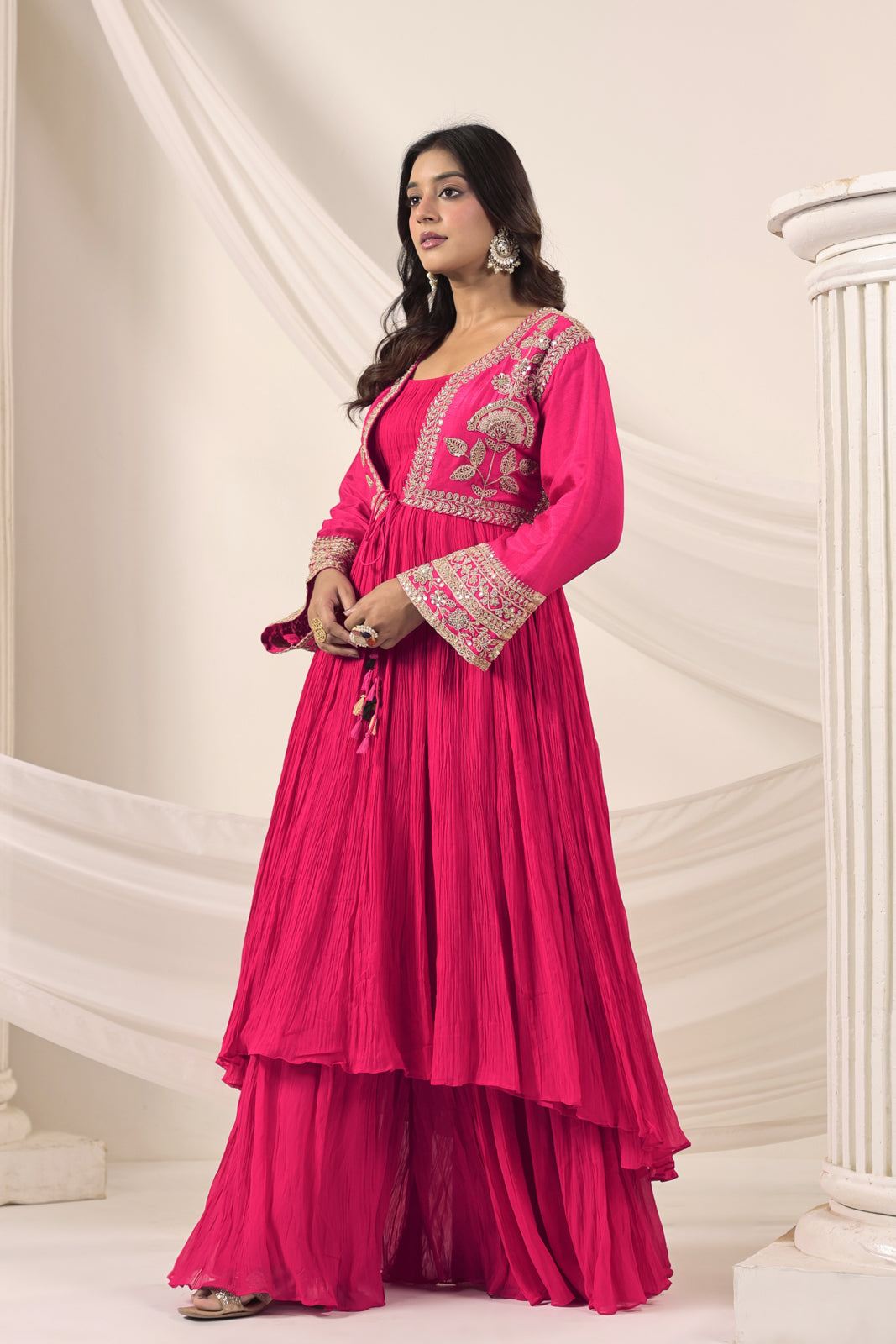 Hot Pink Crush Georgette Anarkali Top With Embroidery Jacket & Sharara Pant