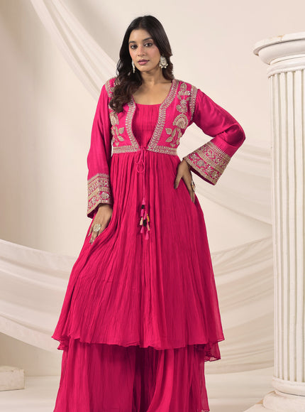 Hot Pink Crush Georgette Anarkali Top With Embroidery Jacket & Sharara Pant