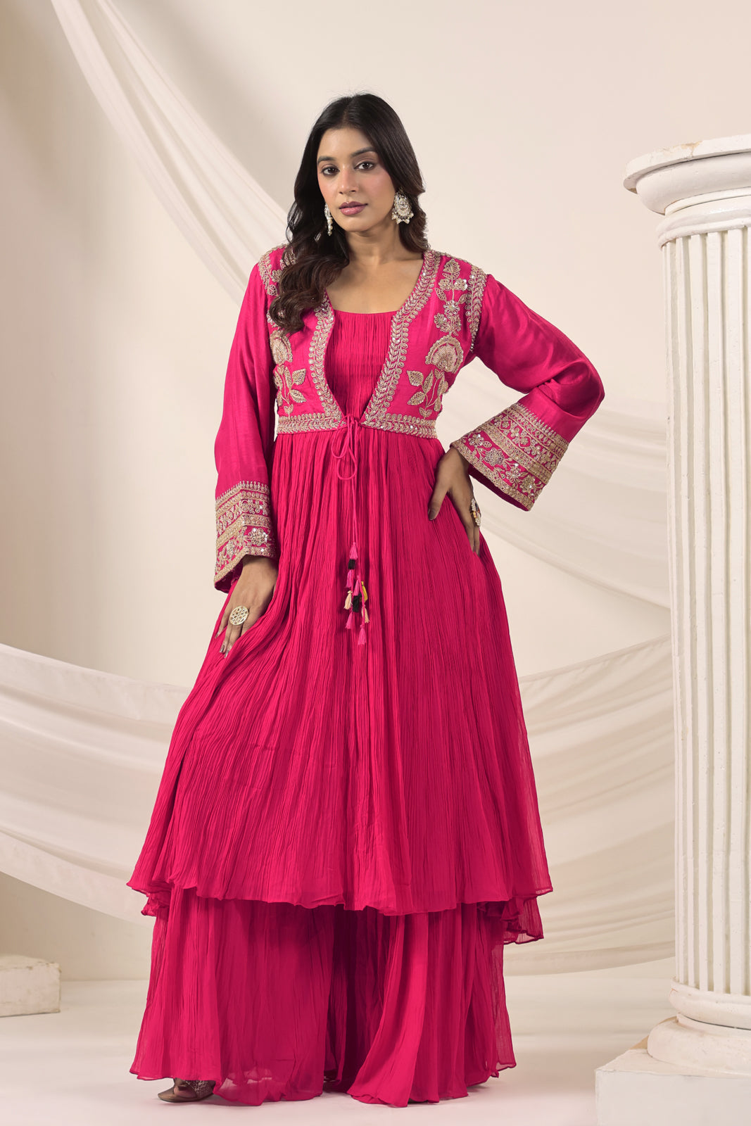 Hot Pink Crush Georgette Anarkali Top With Embroidery Jacket & Sharara Pant