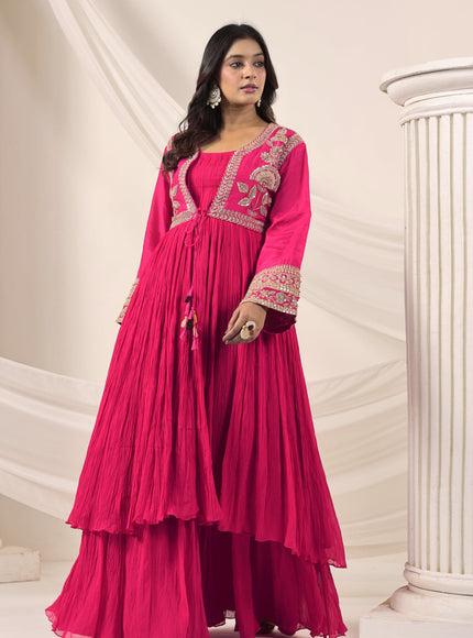 Hot Pink Crush Georgette Anarkali Top With Embroidery Jacket & Sharara Pant