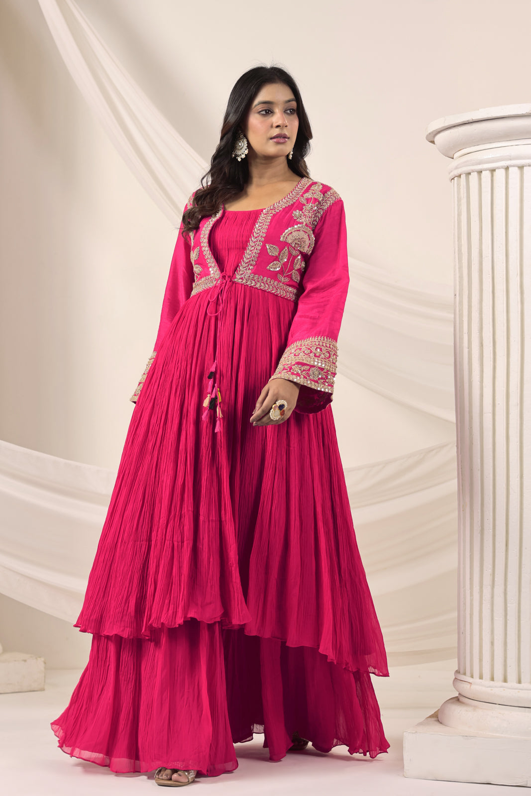 Hot Pink Crush Georgette Anarkali Top With Embroidery Jacket & Sharara Pant