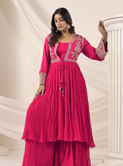 Hot Pink Crush Georgette Anarkali Top With Embroidery Jacket & Sharara Pant