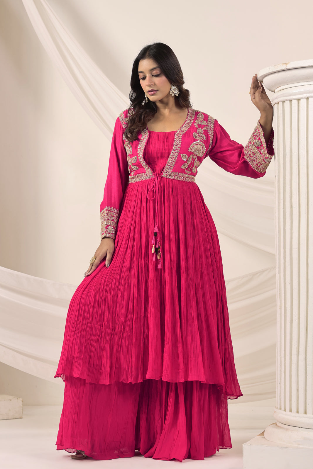 Hot Pink Crush Georgette Anarkali Top With Embroidery Jacket & Sharara Pant