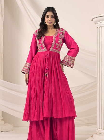 Hot Pink Crush Georgette Anarkali Top With Embroidery Jacket & Sharara Pant