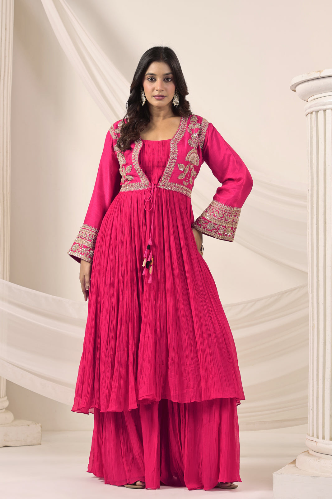 Hot Pink Crush Georgette Anarkali Top With Embroidery Jacket & Sharara Pant