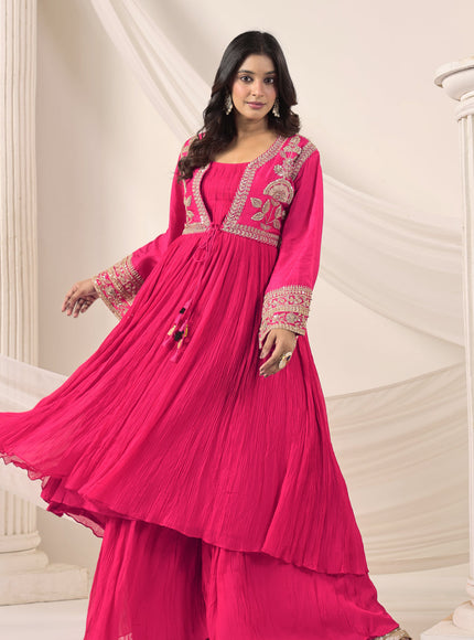 Hot Pink Crush Georgette Anarkali Top With Embroidery Jacket & Sharara Pant